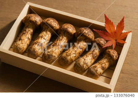 木製の皿に盛った松茸 133076040