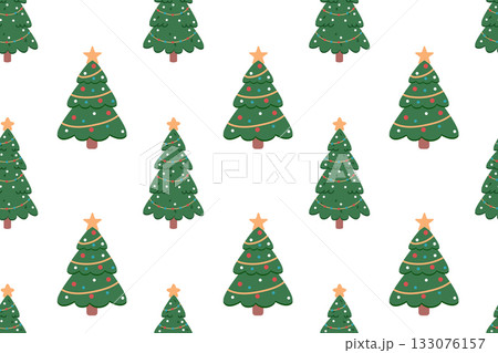 Simple festive seamless pattern with a Christmas tree decorated with garlands and stars. Hand-drawn design elements. Happy holidays. Simple festive seamless pattern with a Christmas tree decorated with garlands and stars. Hand-drawn design elements. Happy holidays. 133076157