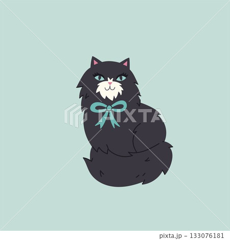 A cute black longhaired cat with a bow on its neck. Vector graphics. A cute black longhaired cat with a bow on its neck. Vector graphics. 133076181