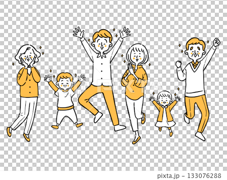 喜んでいる家族三世帯　全身　ベクター（オレンジ） 133076288