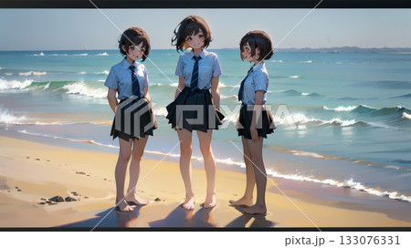 砂浜を歩く女子高生達 砂浜を歩く女子高生達 133076331