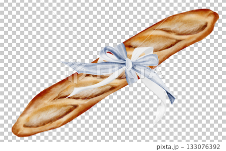 Loaf watercolor illustration. Hand-drawn long baguette with bow ribbon on a white background. Clip art of baked goods. Perfect for bakery banners and bakery labels. Loaf watercolor illustration. Hand-drawn long baguette with bow ribbon on a white background. Clip art of baked goods. Perfect for bakery banners and bakery labels. 133076392