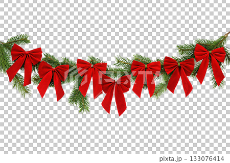 Elegant pine and fir christmas swag adorned with classic red velvet ribbons, evoking traditional holiday spirit and cozy winter celebrations 133076414