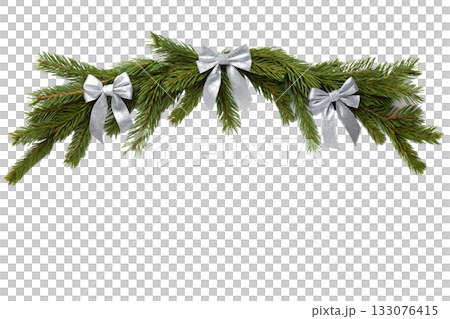 Festive christmas fir garland decorated with elegant silver bows, perfect for holiday background, banner decoration or festive frame element Festive christmas fir garland decorated with elegant silver bows, perfect for holiday background, banner decoration or festive frame element 133076415