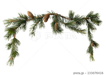 Lush spruce branch garland with natural pinecones, perfect for rustic winter and christmas decoration on mantel or window Lush spruce branch garland with natural pinecones, perfect for rustic winter and christmas decoration on mantel or window 133076416