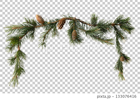 Lush spruce branch garland with natural pinecones, perfect for rustic winter and christmas decoration on mantel or window 133076416