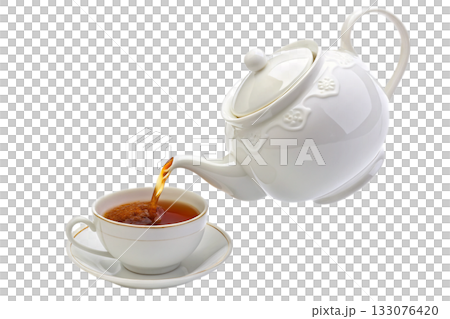 Hot tea pouring from classic white teapot into matching porcelain teacup, creating dynamic stream of aromatic beverage for cozy relaxing moment 133076420