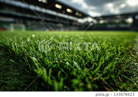 A ground-level shot of the grass at a football stadium. The corner lines are the focus of attention on the football field. A ground-level shot of the grass at a football stadium. The corner lines are the focus of attention on the football field. 133076623