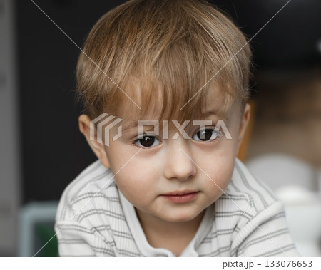 A cute two-year-old boy is playing happily in a bright, cozy room. The toddler is full of energy and curiosity, enjoying imaginative play and discovering new things. Perfect image for illustrating 133076653
