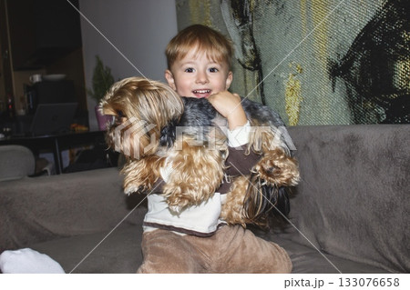 A cheerful little boy is playing and holding a small Yorkshire Terrier dog in his hands. The child looks joyful and affectionate, expressing love for pets and the bond between kids and animals. 133076658