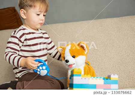 A cheerful little boy plays with a plush toy dog at home. The child is smiling and engaged in imaginative play, expressing emotions and curiosity. Cozy indoor atmosphere. A cheerful little boy plays with a plush toy dog at home. The child is smiling and engaged in imaginative play, expressing emotions and curiosity. Cozy indoor atmosphere. 133076662