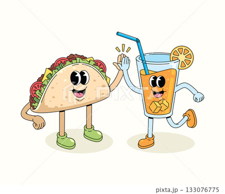 taco and orange high five character groovy cartoon illustration taco and orange high five character groovy cartoon illustration 133076775