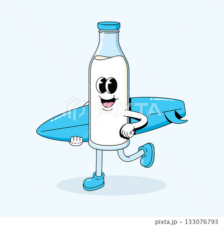milk bottle surf character groovy cartoon illustration 133076793