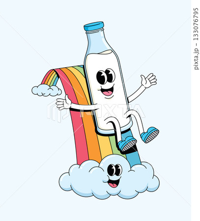 milk bottle slide rainbow character groovy cartoon illustration 133076795