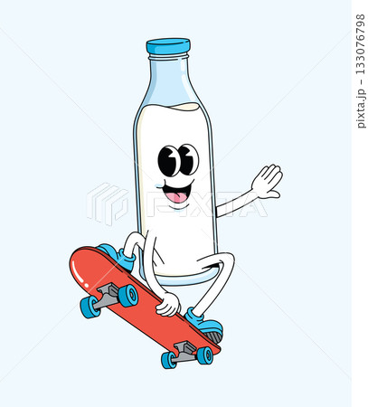 milk bottle skateboard character groovy cartoon illustration milk bottle skateboard character groovy cartoon illustration 133076798