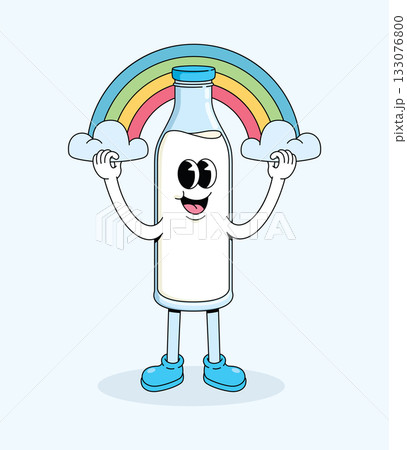 milk bottle rainbow character groovy cartoon illustration 133076800