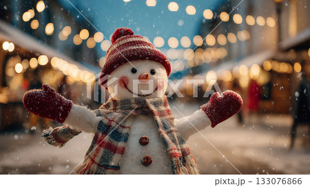 snowman smiling at festive Christmas market during snowy winter evening snowman smiling at festive Christmas market during snowy winter evening 133076866