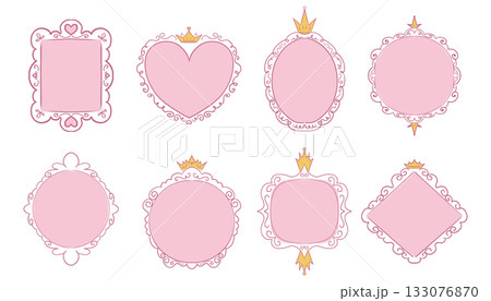 Princess frame border mirror set line fairy. Whimsical cute doodle mirrors with crown for baby princess. Collection elegant pastel decor. 133076870