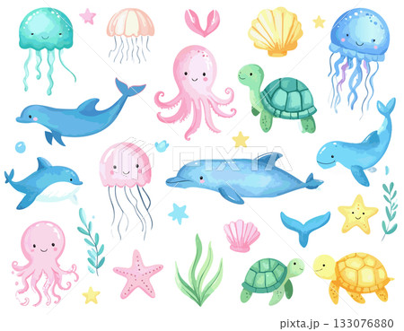 海の生き物のベクターイラストセット 海の生き物のベクターイラストセット 133076880