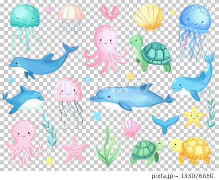 海の生き物のベクターイラストセット 海の生き物のベクターイラストセット 133076880