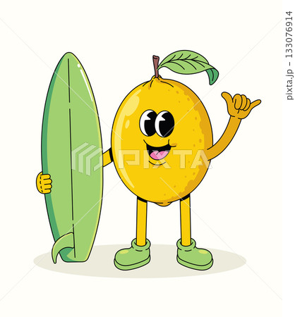 lemon surf shaka hand character groovy cartoon illustration lemon surf shaka hand character groovy cartoon illustration 133076914