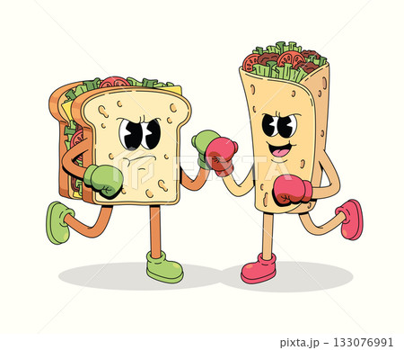 boxing sandwich vs kebab character groovy cartoon illustration boxing sandwich vs kebab character groovy cartoon illustration 133076991
