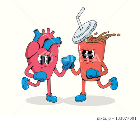boxing heart vs soft drink character groovy cartoon illustration boxing heart vs soft drink character groovy cartoon illustration 133077001