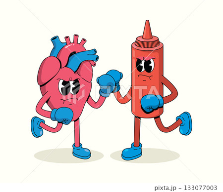 boxing heart vs chili sauce character groovy cartoon illustration boxing heart vs chili sauce character groovy cartoon illustration 133077003