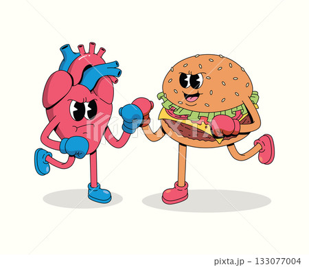 boxing heart vs burger character groovy cartoon illustration boxing heart vs burger character groovy cartoon illustration 133077004