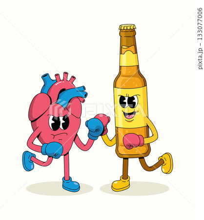 boxing heart vs beer bottle character groovy cartoon illustration boxing heart vs beer bottle character groovy cartoon illustration 133077006