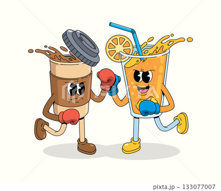 boxing coffee vs orange drink character groovy cartoon illustration boxing coffee vs orange drink character groovy cartoon illustration 133077007