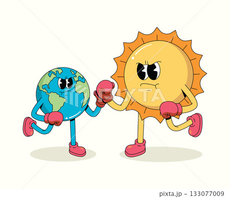 boxing earth vs sun character groovy cartoon illustration boxing earth vs sun character groovy cartoon illustration 133077009