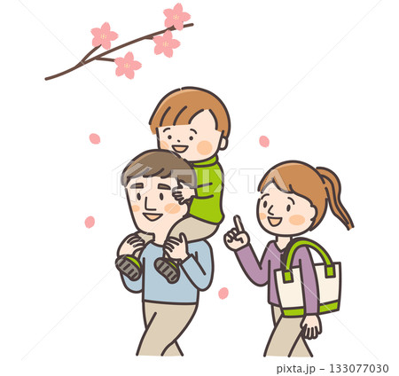 桜の下で遊ぶ親子三人（肩車） 133077030