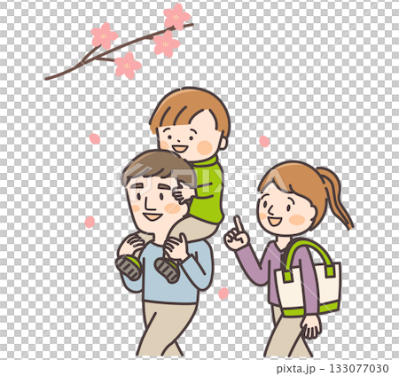 桜の下で遊ぶ親子三人（肩車） 133077030