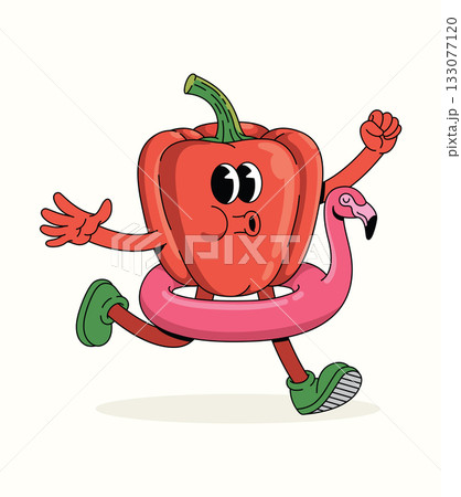 bell pepper float character groovy cartoon illustration 133077120