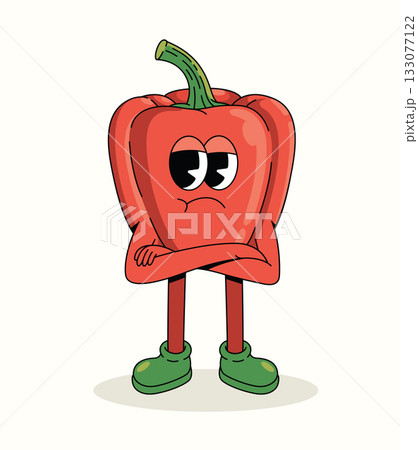 bell pepper crossed arms character groovy cartoon illustration 133077122