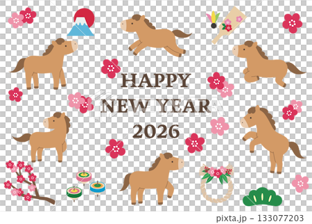 New Year's card template for the Year of the Horse 2026. Horse, cute, lucky charm, vector, plum blossom 133077203