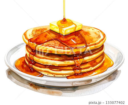 バターとメープルシロップたっぷりのパンケーキ 水彩イラスト バターとメープルシロップたっぷりのパンケーキ 水彩イラスト 133077402