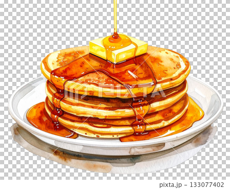 塗上奶油和楓糖漿的煎餅水彩插圖 塗上奶油和楓糖漿的煎餅水彩插圖 133077402