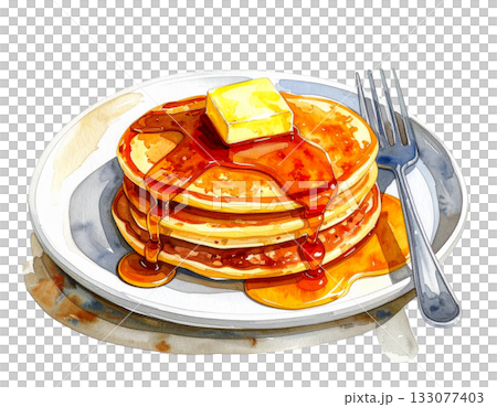 塗上奶油和楓糖漿的煎餅水彩插圖 133077403