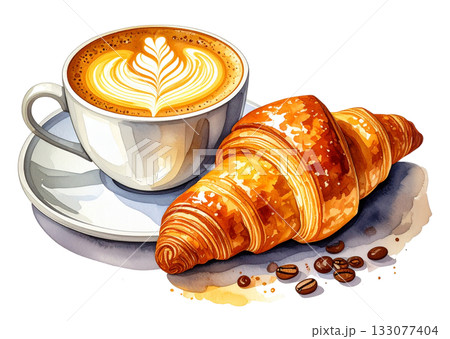 クロワッサンとカフェオレの水彩イラスト クロワッサンとカフェオレの水彩イラスト 133077404