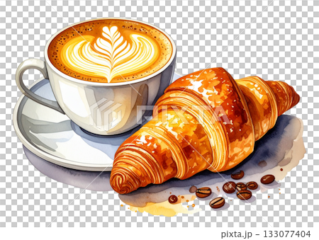 クロワッサンとカフェオレの水彩イラスト クロワッサンとカフェオレの水彩イラスト 133077404