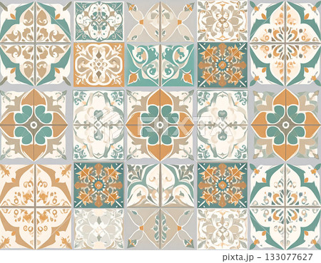 Sustainable construction focus. Texture of ceramic tiles with geometric patterns in beige color. English style. Building materials. Design mockup and background. Sustainable construction focus. Texture of ceramic tiles with geometric patterns in beige color. English style. Building materials. Design mockup and background. 133077627