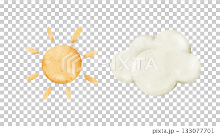 Bright yellow sun and soft white cloud. Isolated weather clipart. Watercolor illustration. Great for kids educational materials, children’s books, posters, nursery prints, and weather-themed projects. Bright yellow sun and soft white cloud. Isolated weather clipart. Watercolor illustration. Great for kids educational materials, children’s books, posters, nursery prints, and weather-themed projects. 133077701