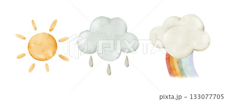 The sun, rainy cloud, and rainbow. Watercolor isolated weather clipart. Set of meteorology and climate elements for kids lessons, preschool posters, worksheets, and playful seasonal children designs. 133077705