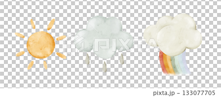 The sun, rainy cloud, and rainbow. Watercolor isolated weather clipart. Set of meteorology and climate elements for kids lessons, preschool posters, worksheets, and playful seasonal children designs. 133077705