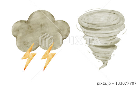 Dark thundercloud with lightning and spiral tornado. Watercolor isolated weather clipart. Set of meteorology and climate elements for kids lessons, preschool posters, worksheets, seasonal baby design. Dark thundercloud with lightning and spiral tornado. Watercolor isolated weather clipart. Set of meteorology and climate elements for kids lessons, preschool posters, worksheets, seasonal baby design. 133077707