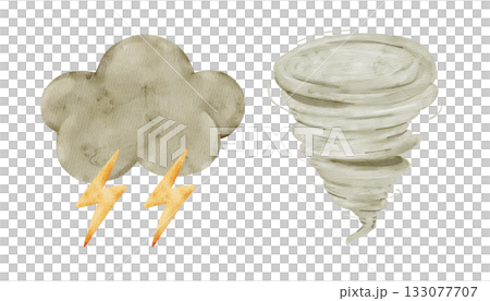 Dark thundercloud with lightning and spiral tornado. Watercolor isolated weather clipart. Set of meteorology and climate elements for kids lessons, preschool posters, worksheets, seasonal baby design. Dark thundercloud with lightning and spiral tornado. Watercolor isolated weather clipart. Set of meteorology and climate elements for kids lessons, preschool posters, worksheets, seasonal baby design. 133077707