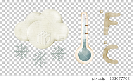 Snow cloud, thermometer, and temperature symbols Celsius and Fahrenheit. Watercolor isolated weather clipart. Set of meteorology and climate elements for kids lessons, preschool posters, worksheets. 133077708