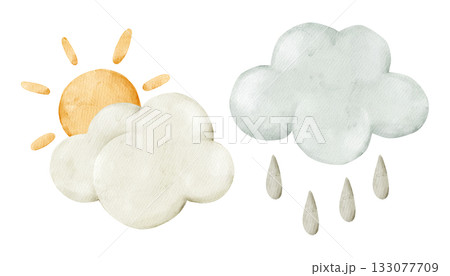 The sun behind cloud and rain cloud. Watercolor isolated weather clipart. Set of meteorology and climate elements for kids lessons, preschool posters, worksheets, and playful seasonal baby designs. The sun behind cloud and rain cloud. Watercolor isolated weather clipart. Set of meteorology and climate elements for kids lessons, preschool posters, worksheets, and playful seasonal baby designs. 133077709